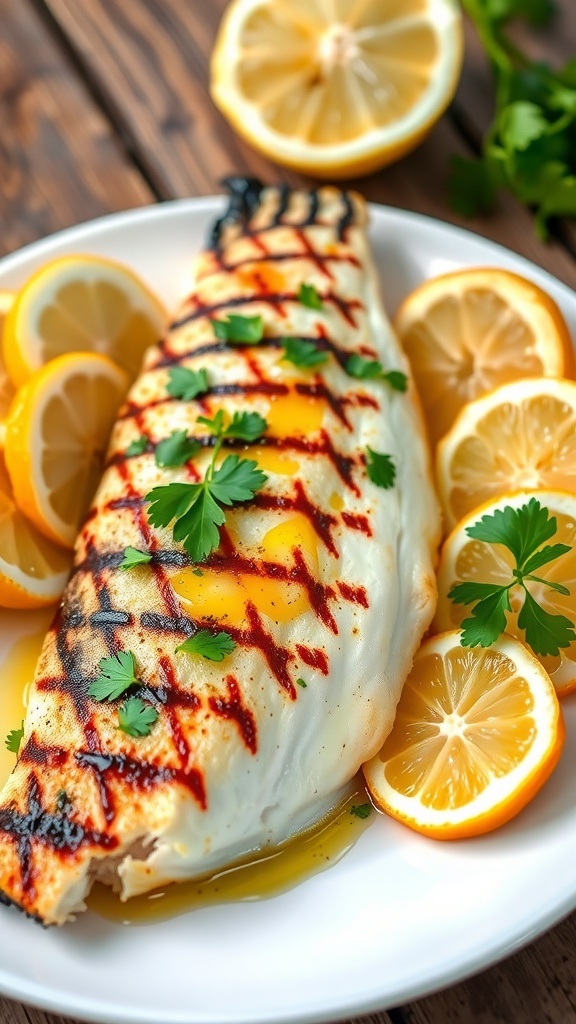 Grilled gigante tilapia fillet garnished with parsley and lemon wedges on a rustic table.